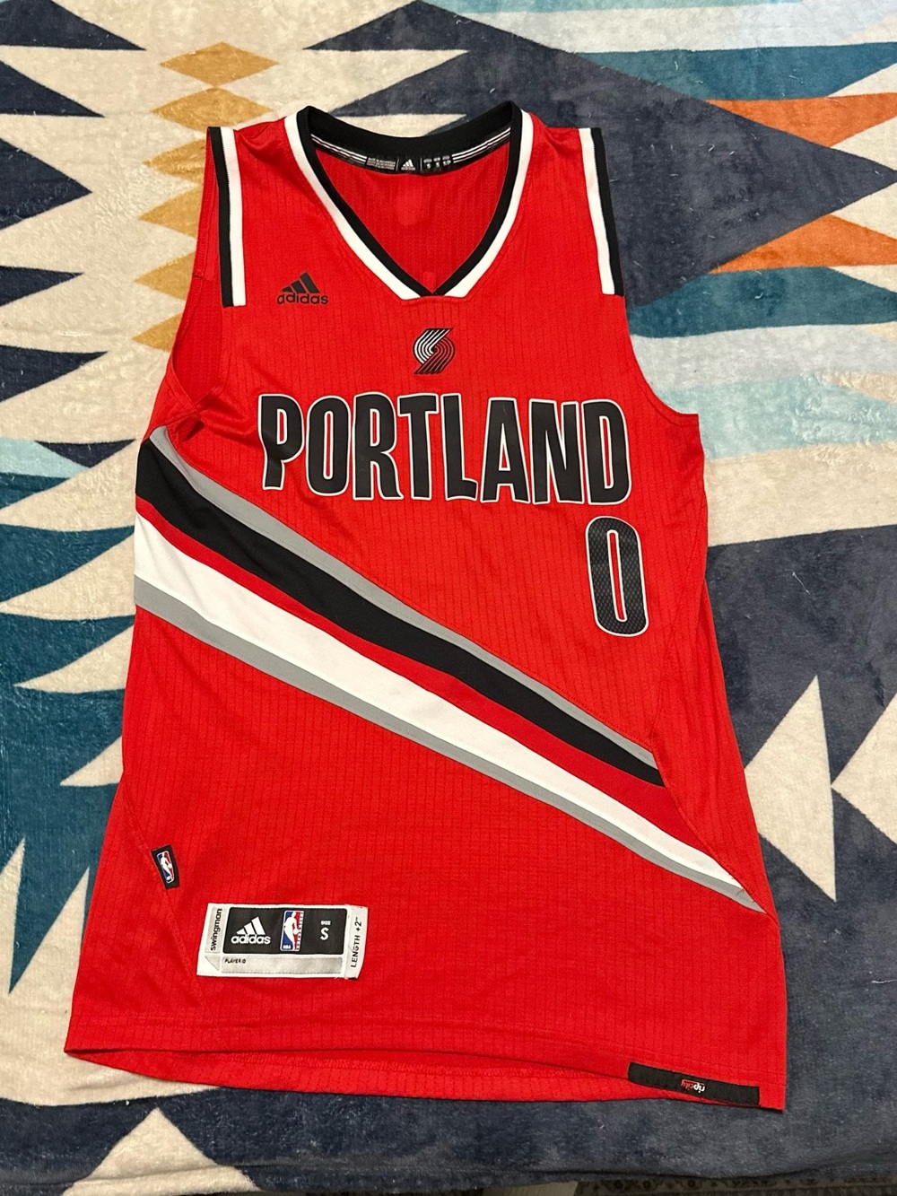 adidas Lillard Red Portland Basketball Jersey with Black, White & Gray Accents